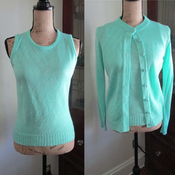 80s/90s Vintage Ms Today Mint Green Pointelle Cardigan Sweater Set Size 2 Pastel - Picture 4 of 16
